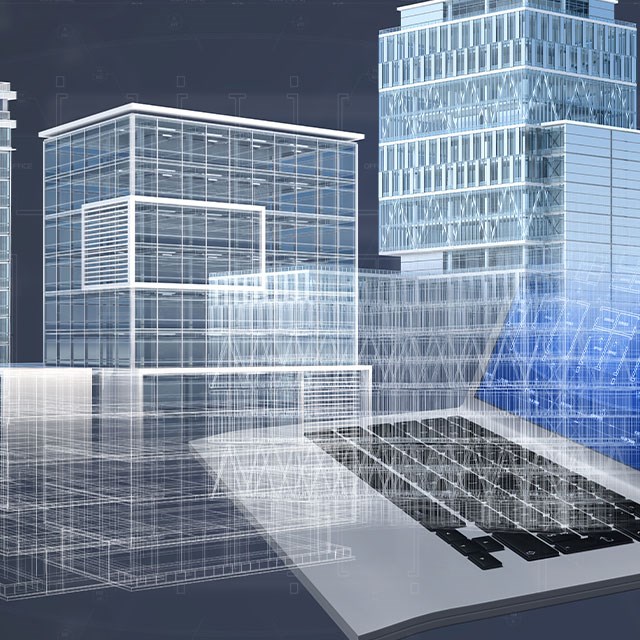 Hologramm von verschiedenen Hochhaeusern mit Laptop